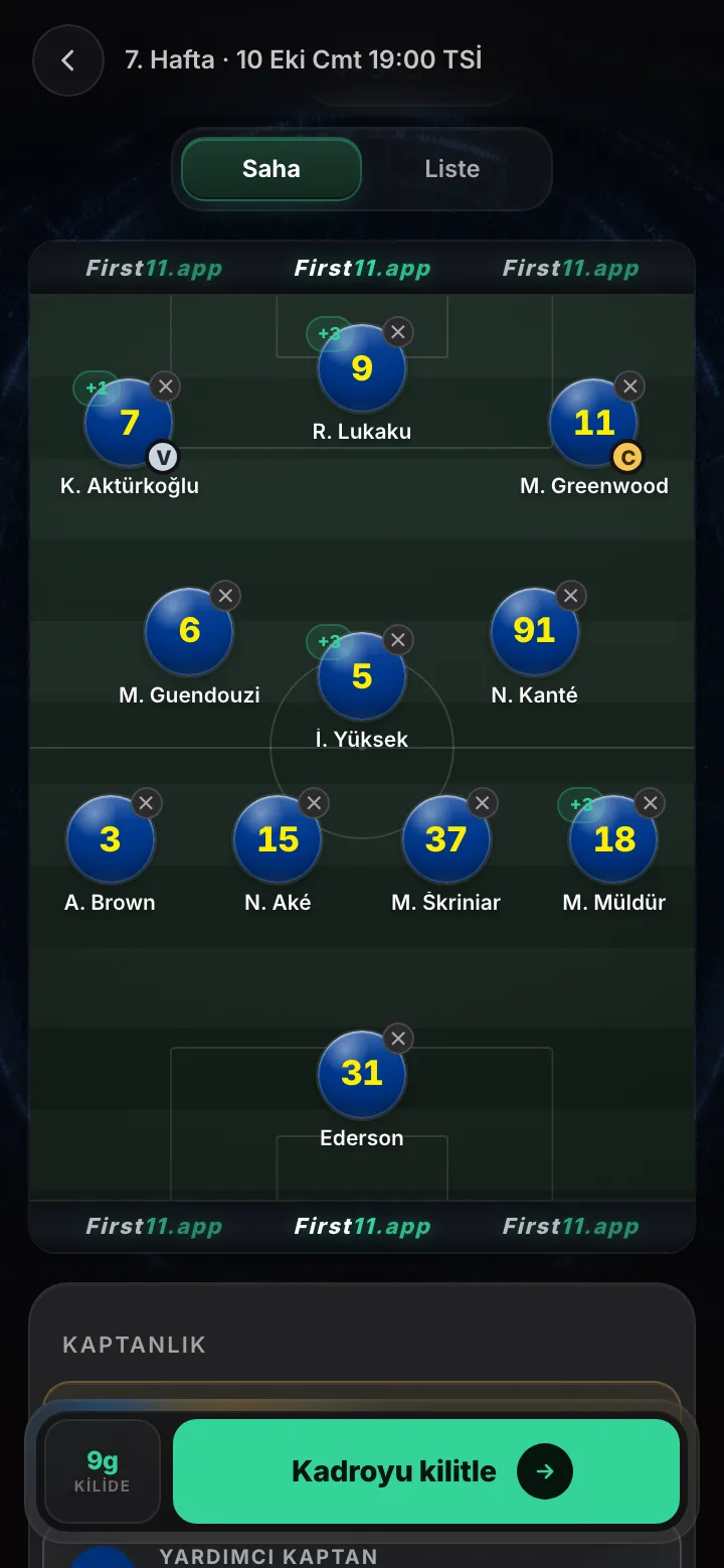Uygulama ekranı — İlk 11’i tahmin et
